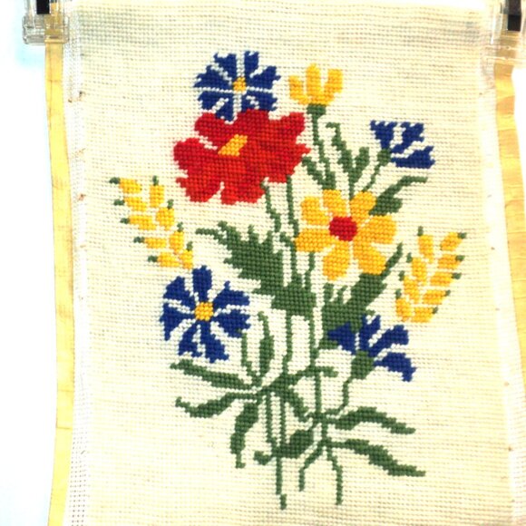 Needlepoint Picture Red, Blue & Yellow Flowers 12.25" High x 9" Wide Vintage - Picture 1 of 3